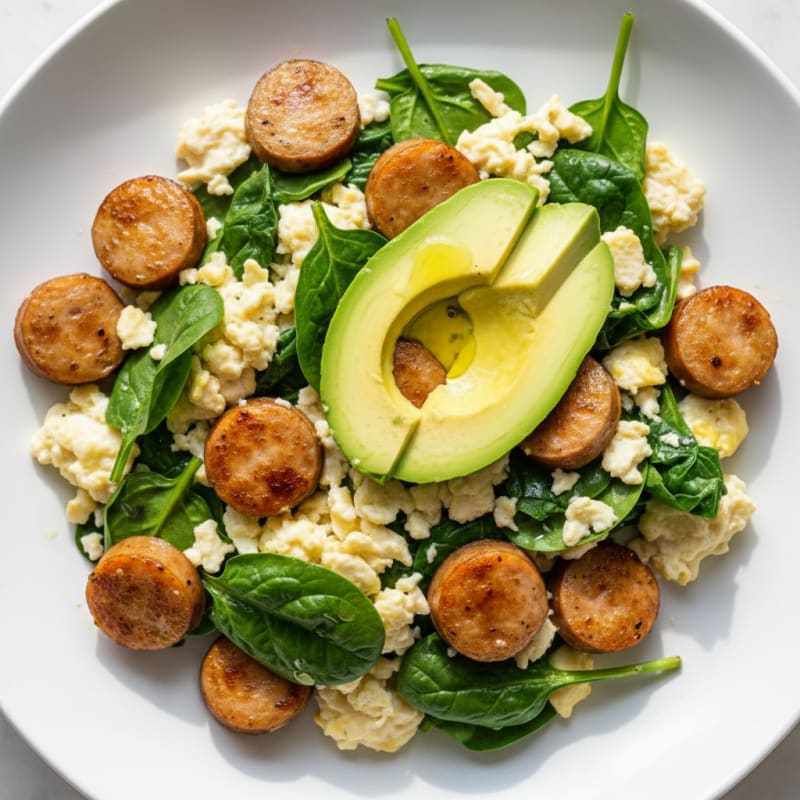 Egg White and Chicken Sausage Scramble with Spinach