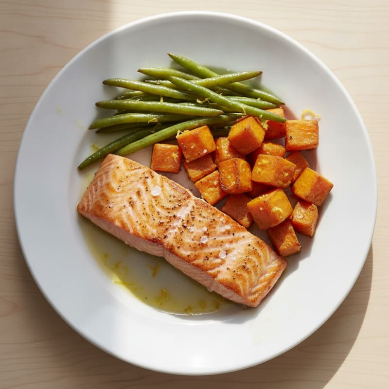 Seared Salmon with Roasted Sweet Potatoes and Green Beans