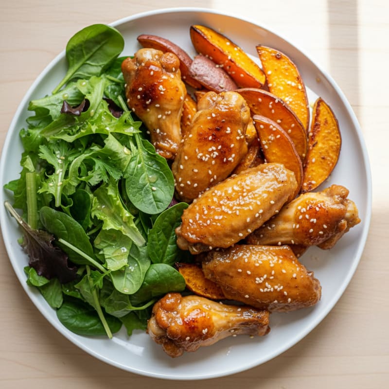 Honey-Garlic Wings with Roasted Japanese Sweet Potatoes