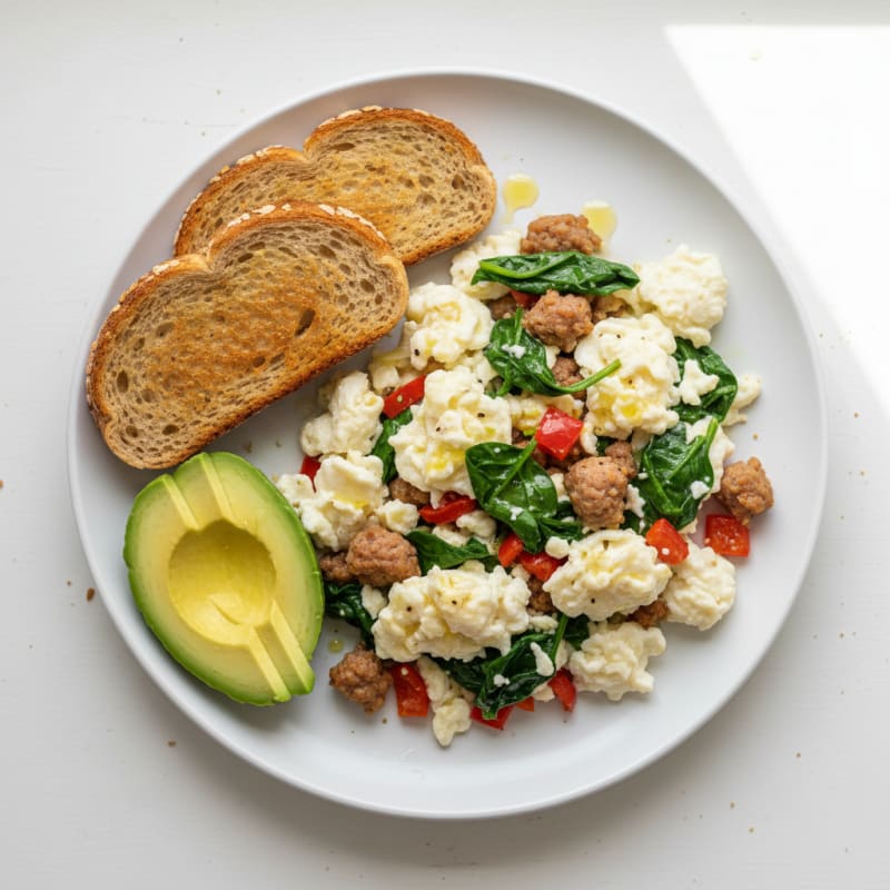 Egg White and Turkey Sausage Scramble with Spinach and Bell Peppers