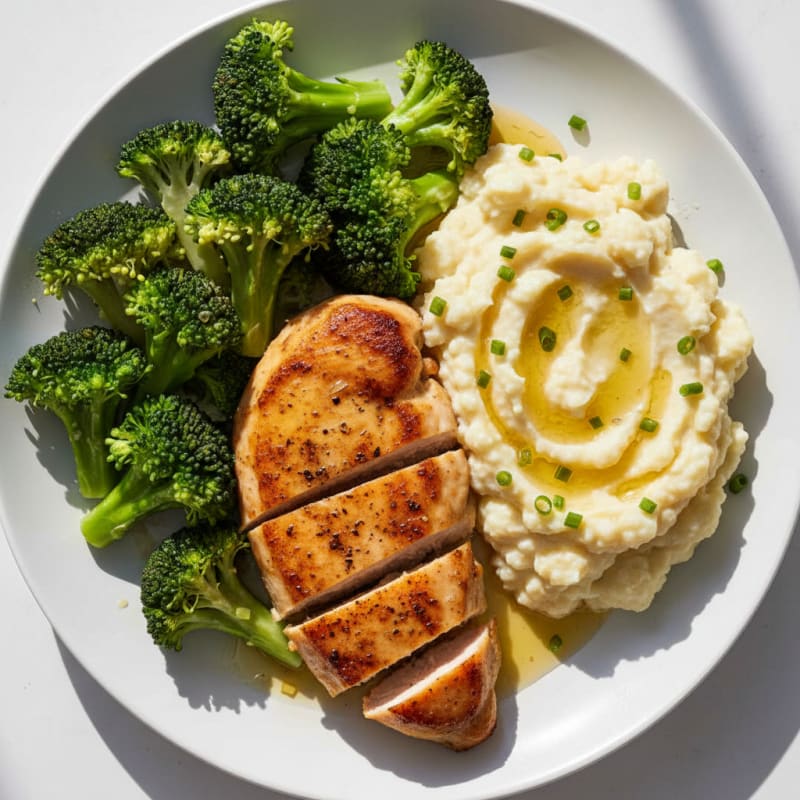 Seared Chicken Breast with Steamed Broccoli and Garlic Mashed Cauliflower