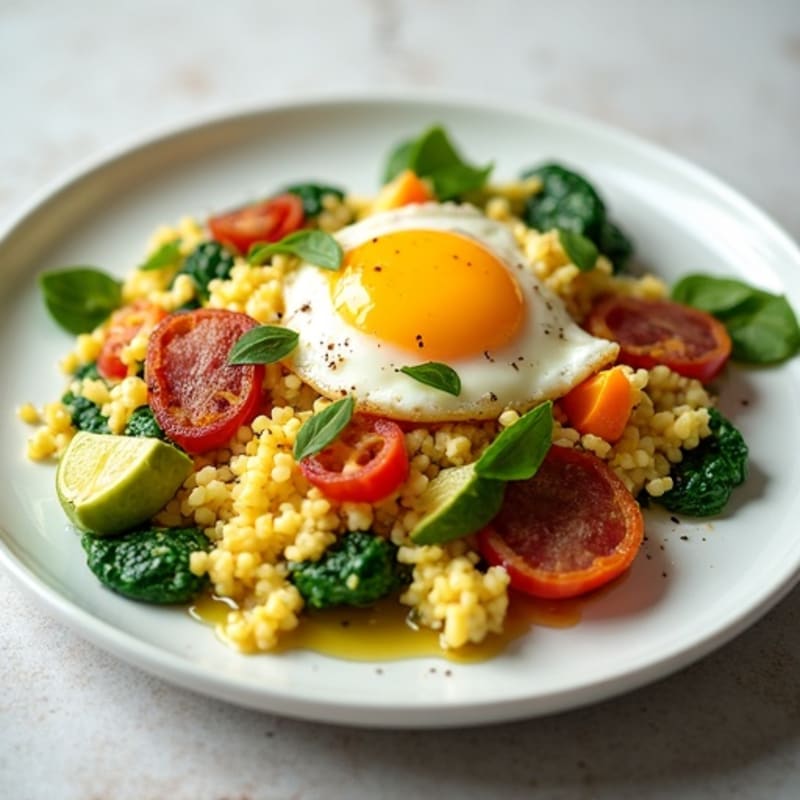 Egg White Veggie Scramble with Cottage Cheese and Turkey Bacon