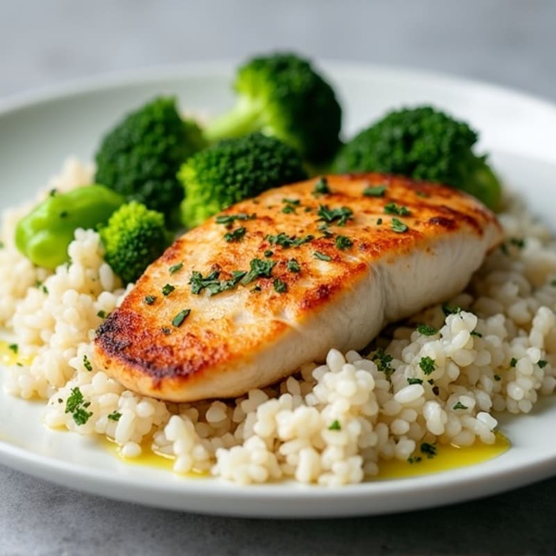 Seared Chicken Breast with Herb Rice and Steamed Broccoli