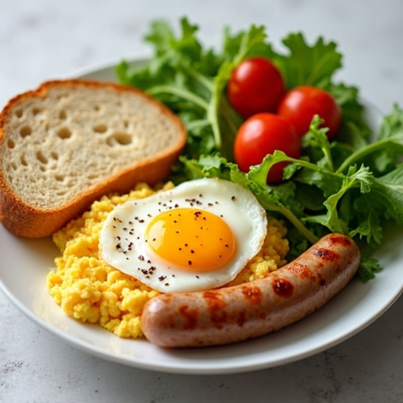 Lean Turkey Sausage with Fluffy Scrambled Eggs, Toasted Sourdough, and Fresh Greens