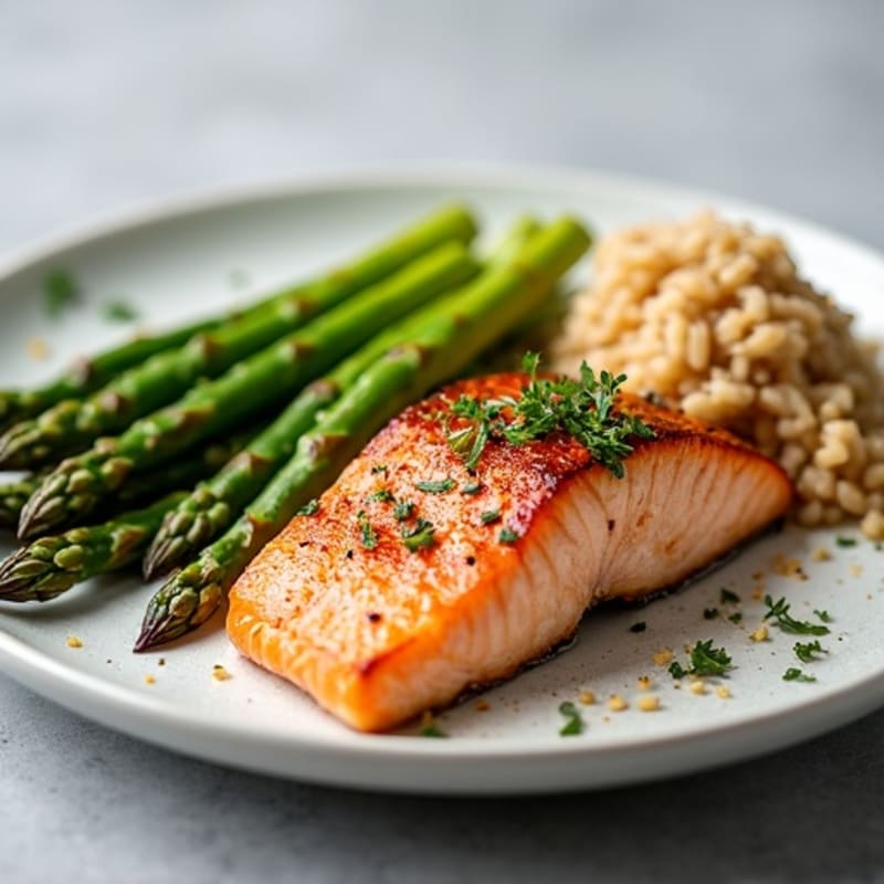 Seared Salmon with Steamed Asparagus and Brown Rice