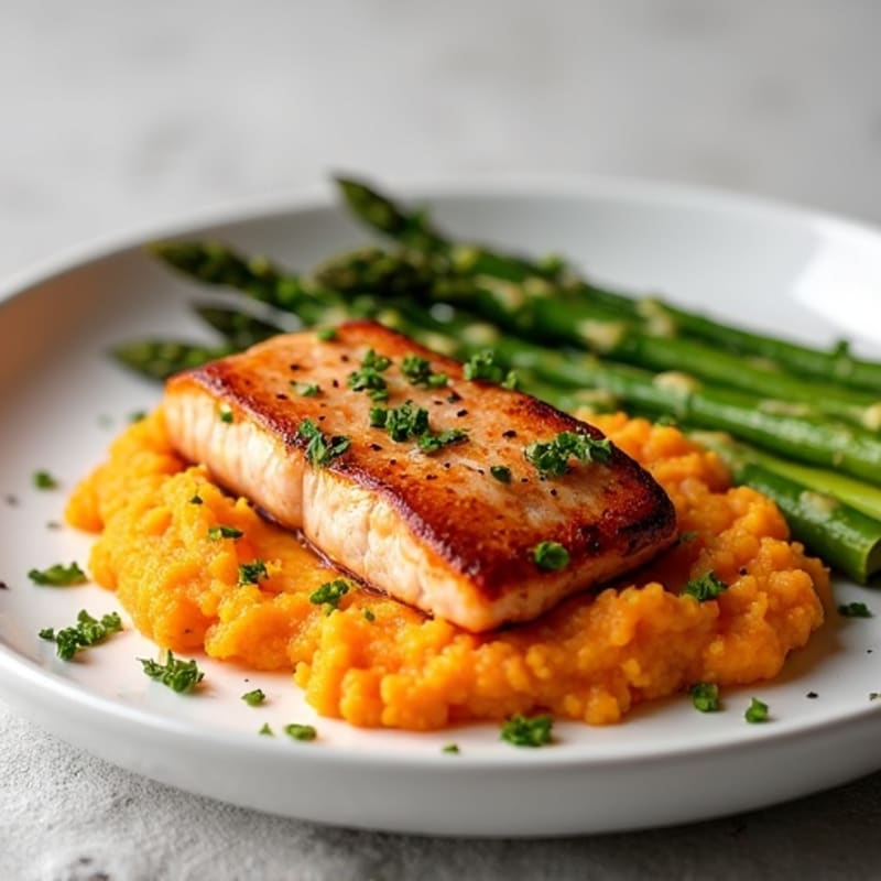 Seared Salmon with Roasted Asparagus and Sweet Potato Mash