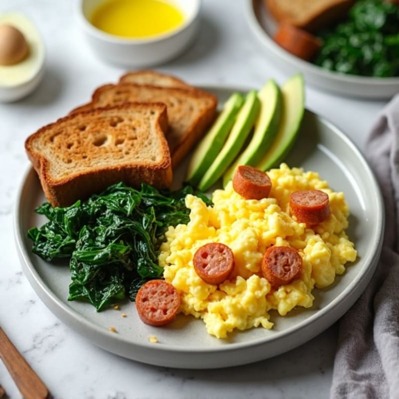 Egg White Scramble with Turkey Sausage and Sautéed Spinach