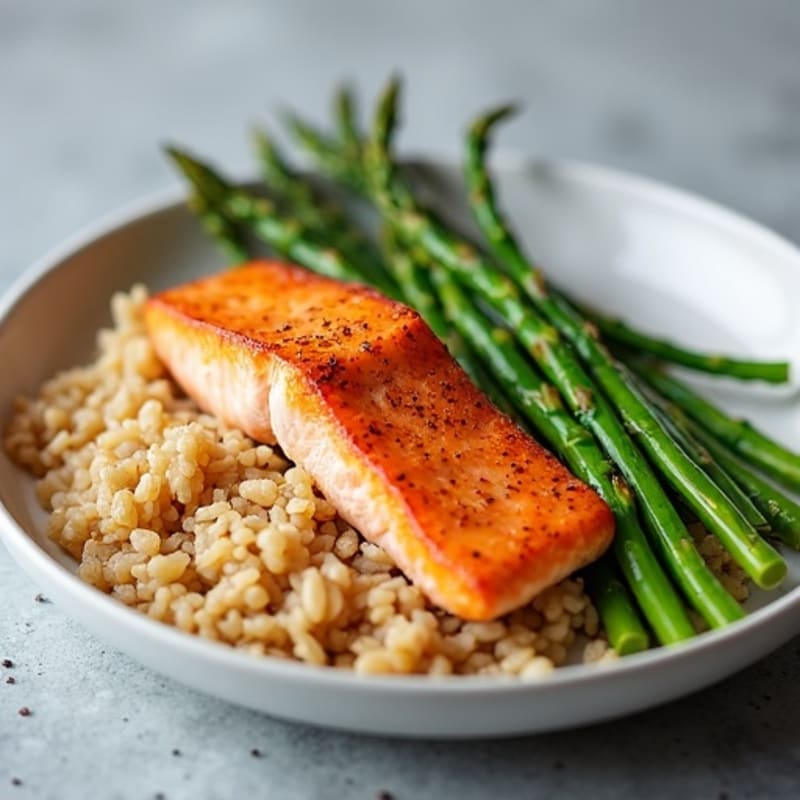 Seared Salmon Fillet with Steamed Asparagus and Brown Rice