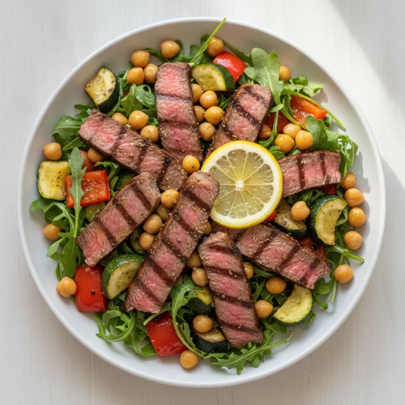 Grilled Beef Steak Salad with Chickpeas and Roasted Vegetables