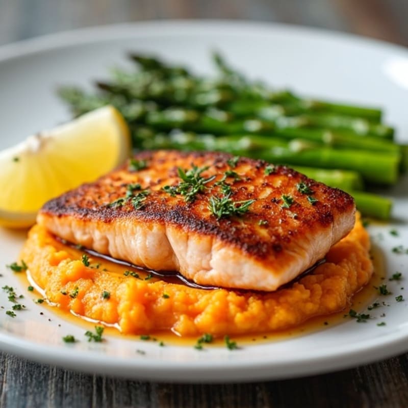 Seared Salmon with Steamed Asparagus and Sweet Potato Mash