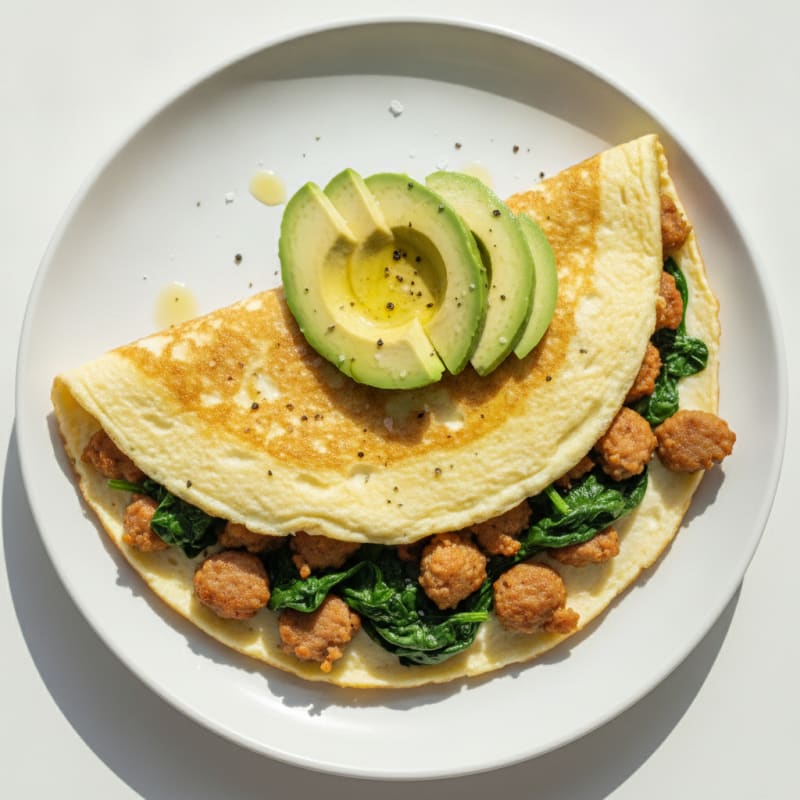 Egg White Omelette with Turkey Sausage and Sautéed Spinach