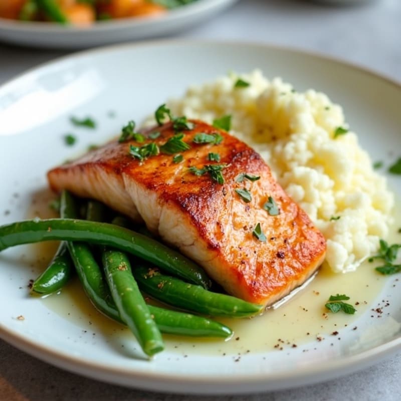 Seared Salmon with Garlic Green Beans and Cauliflower Mash