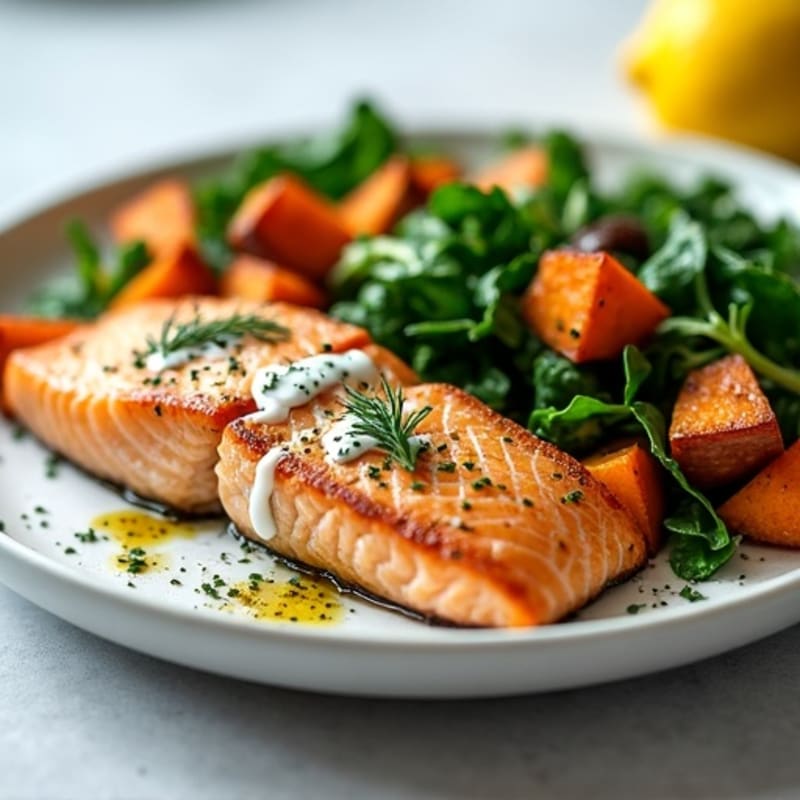 Seared Salmon with Herb-Roasted Sweet Potato and Steamed Greens