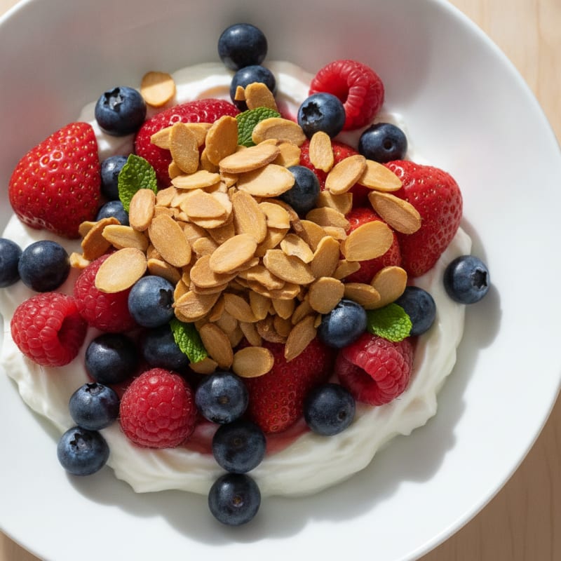 Greek Yogurt Protein Parfait with Mixed Berries and Almonds