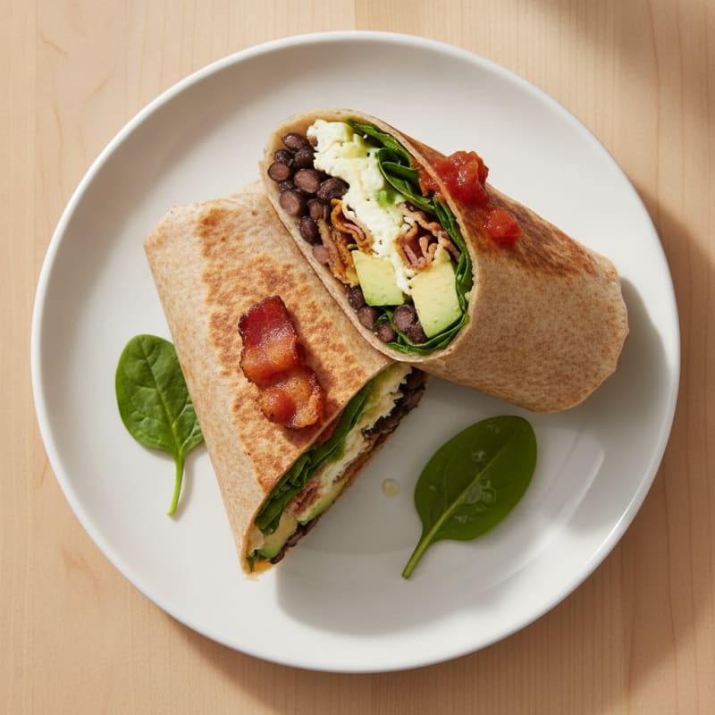 Crispy Turkey Bacon and Egg White Breakfast Burrito with Black Beans