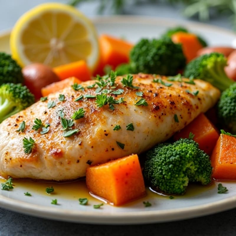 Sheet Pan Lemon-Herb Roasted Chicken with Crispy Broccoli and Sweet Potatoes