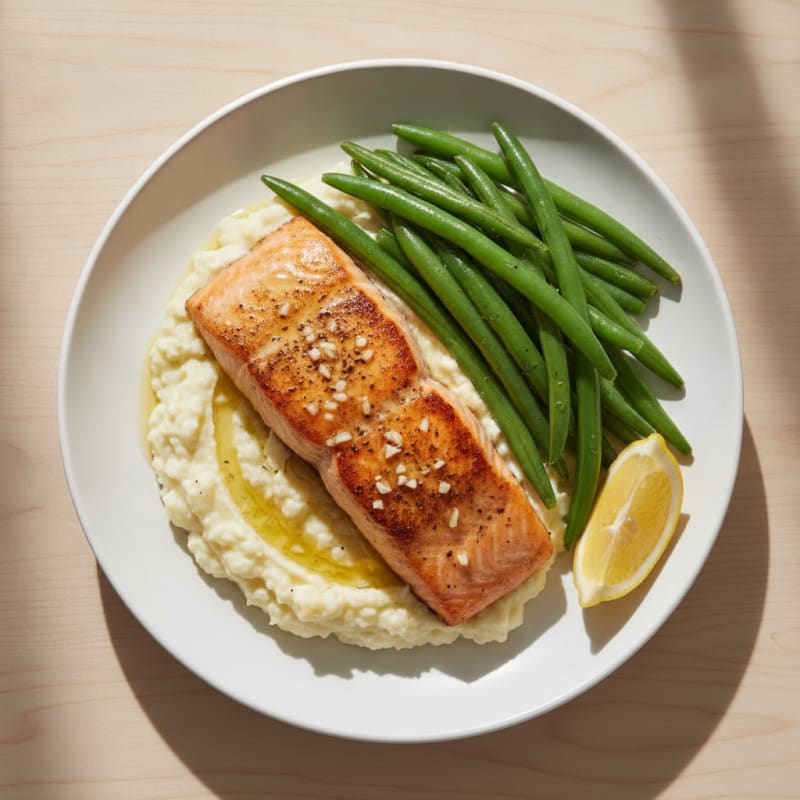 Seared Salmon Fillet with Steamed Green Beans and Garlic Mashed Cauliflower