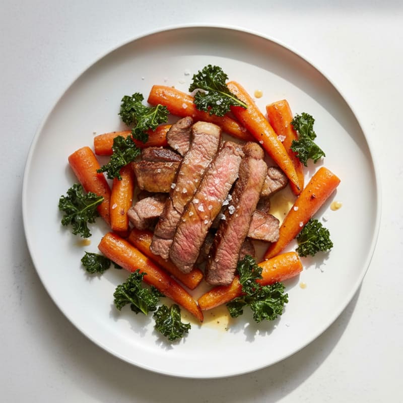 Seared Beef Strips with Roasted Carrots and Kale Chips