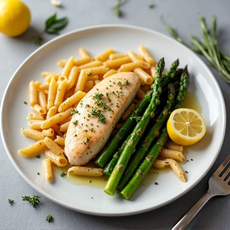 Lemon Herb Chicken with Whole Wheat Penne and Roasted Asparagus
