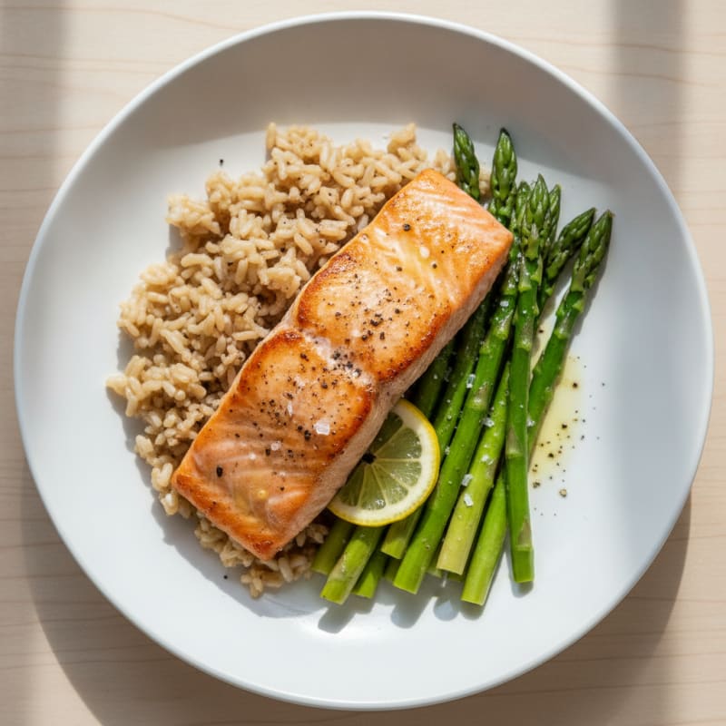 Seared Salmon with Steamed Asparagus and Brown Rice
