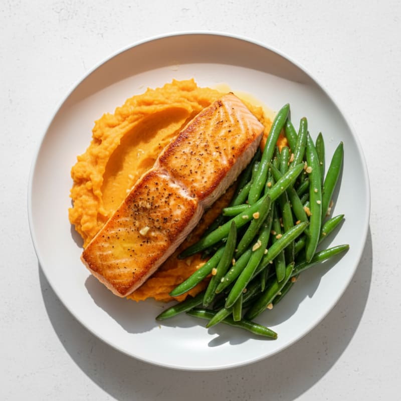 Seared Salmon with Garlic Green Beans and Sweet Potato Mash