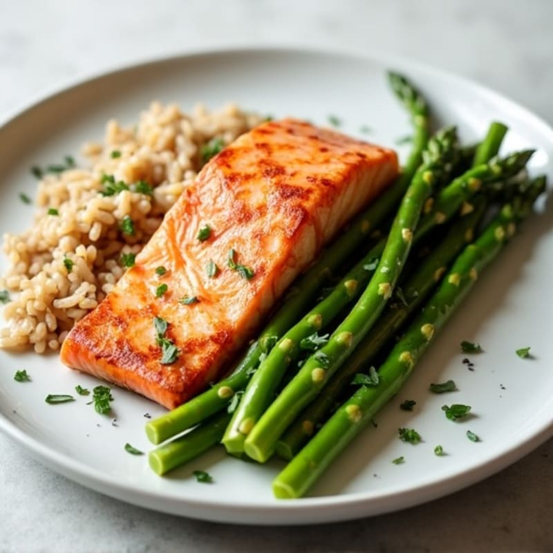 Seared Salmon with Steamed Asparagus and Brown Rice