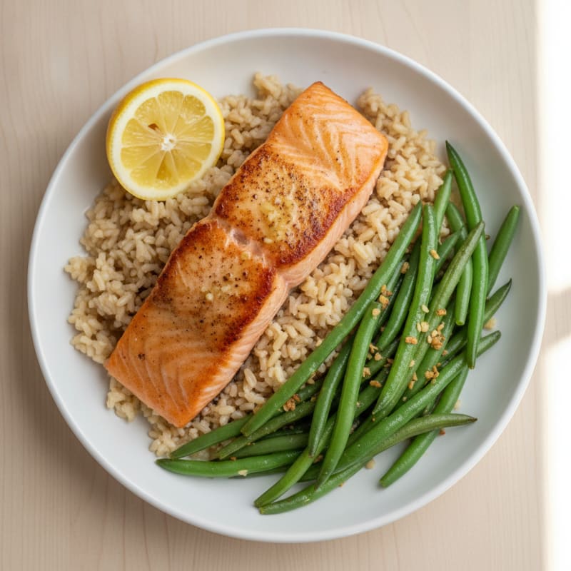 Seared Salmon with Garlic Green Beans and Brown Rice