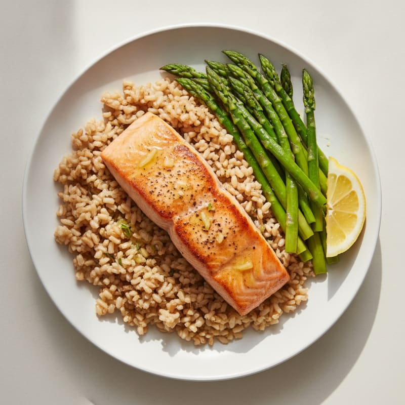 Seared Salmon with Steamed Asparagus and Brown Rice