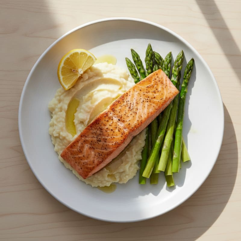 Seared Salmon Fillet with Steamed Asparagus and Cauliflower Mash