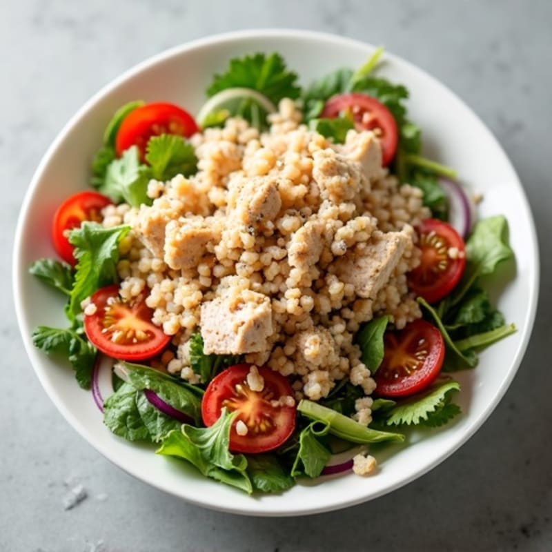 Flaked Tuna and Brown Rice Salad with Crisp Greens, Fresh Tomato, and Onion