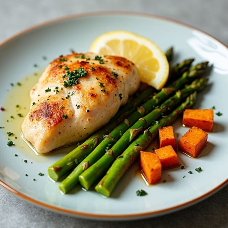 Lemon-Herb Roasted Chicken with Crispy Roasted Asparagus and Sweet Potatoes
