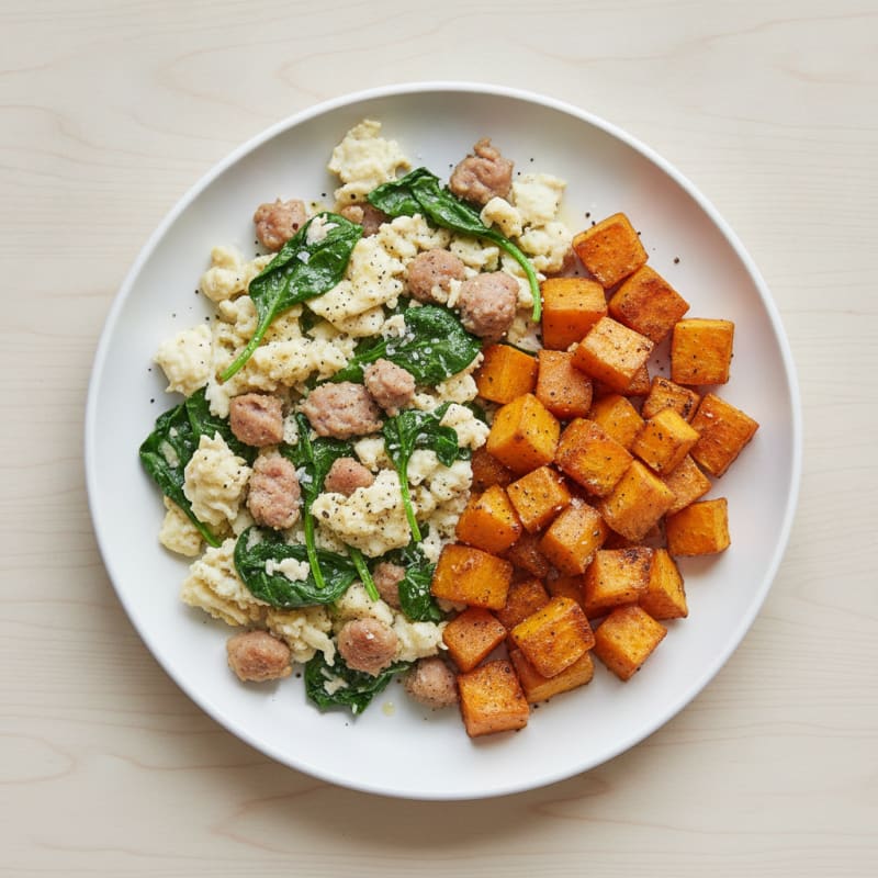 Egg White and Turkey Sausage Scramble with Spinach and Roasted Sweet Potato