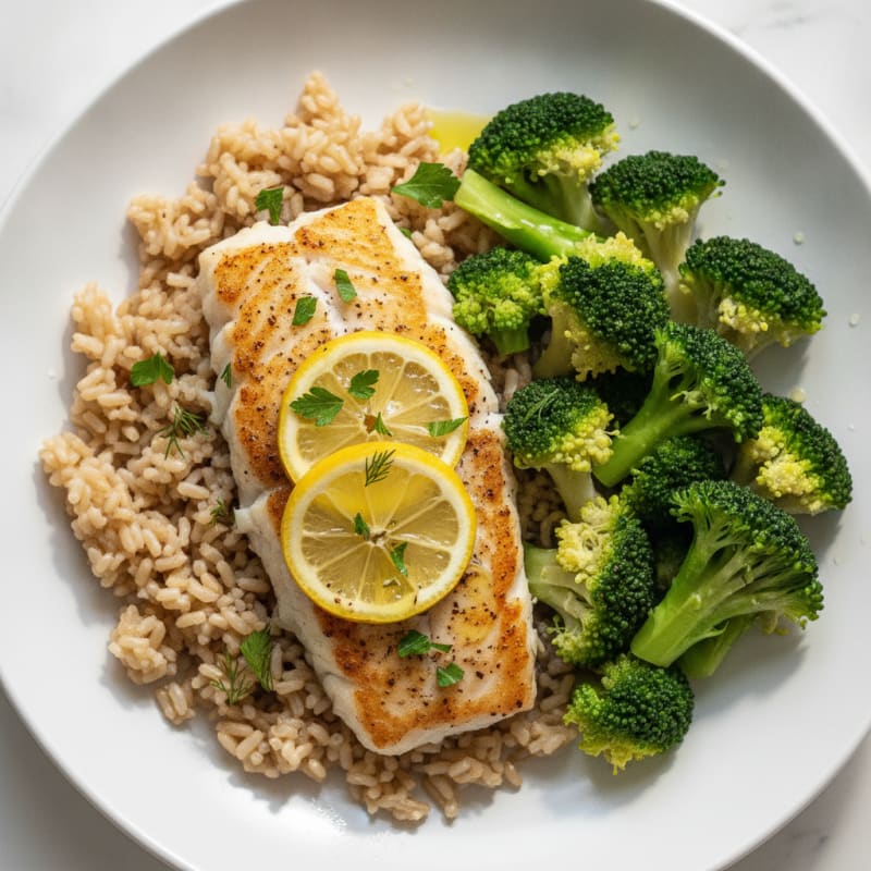 Seared Cod with Steamed Broccoli and Brown Rice