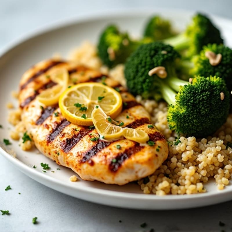Grilled Lemon-Garlic Chicken Breast with Quinoa and Roasted Broccoli