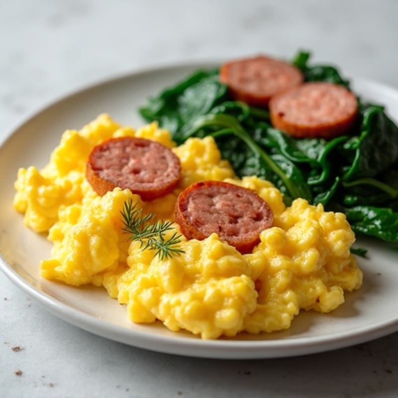 Fluffy Egg Scramble with Lean Turkey Sausage and Sautéed Spinach