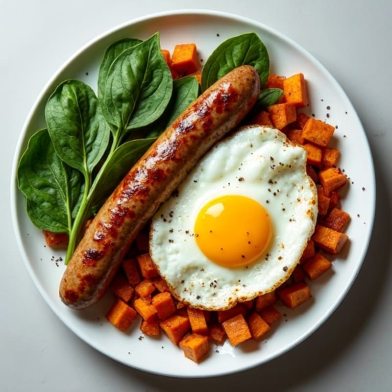 Savory Lean Turkey Sausage and Sweet Potato Hash with Fresh Spinach and Fried Eggs