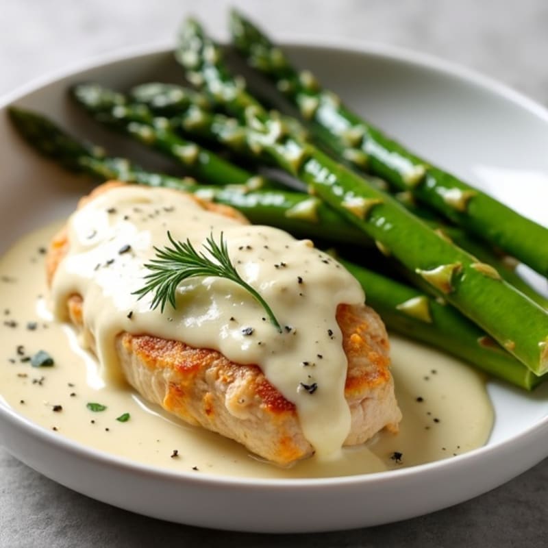 Creamy Chicken with Low-Fat Cream Cheese Sauce and Roasted Asparagus