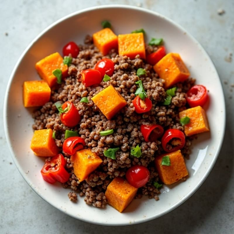 Hearty Lean Ground Beef and Roasted Sweet Potato Skillet