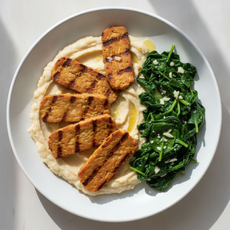 Grilled Tempeh with Creamy White Bean Mash and Garlic Spinach