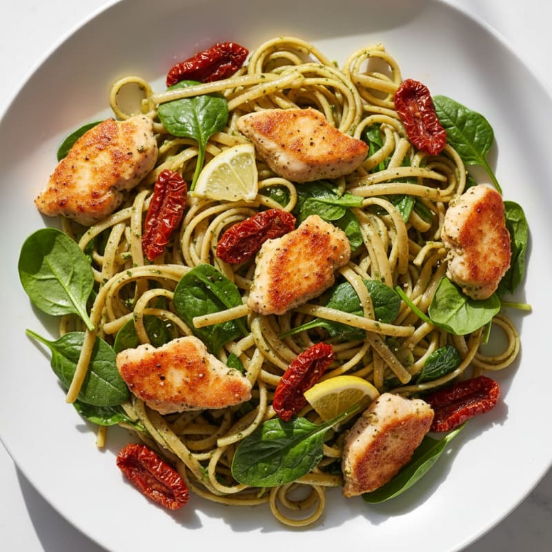 Pesto Chicken Linguine with Sun-Dried Tomatoes