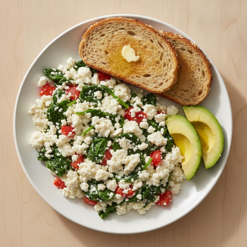 Egg White and Cottage Cheese Veggie Scramble with Sautéed Spinach