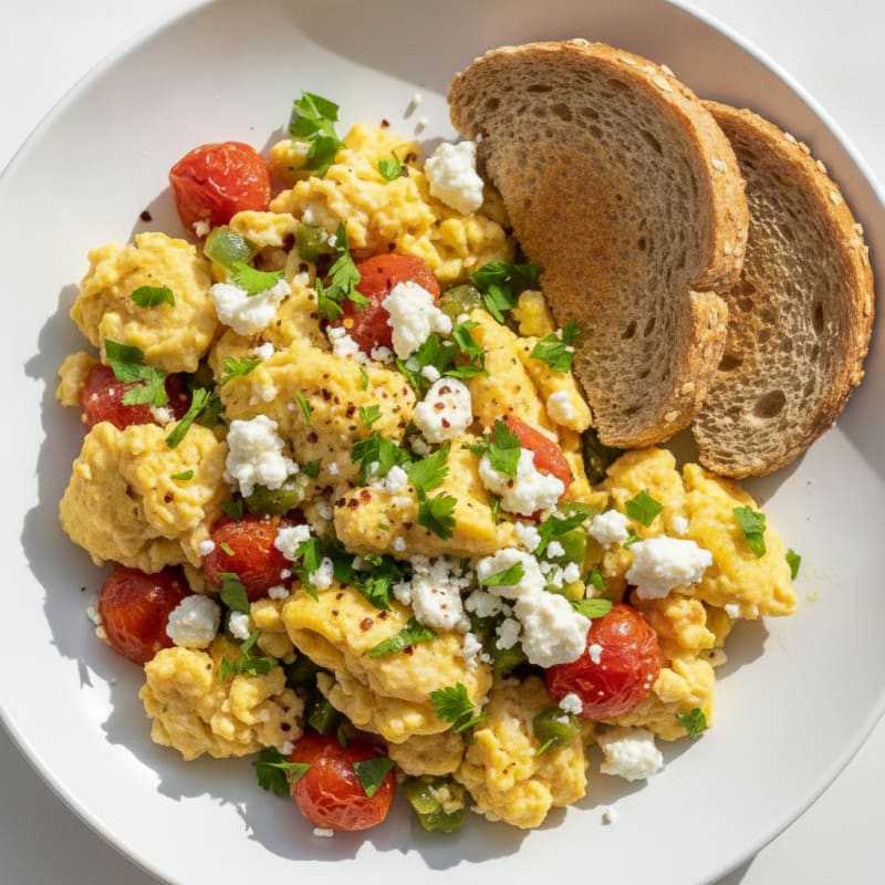 Egg and Feta Scramble with Tomato and Fresh Herbs