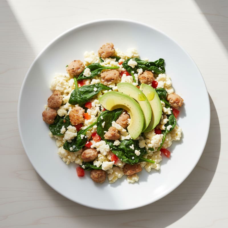Egg White Scramble with Turkey Sausage and Sautéed Spinach