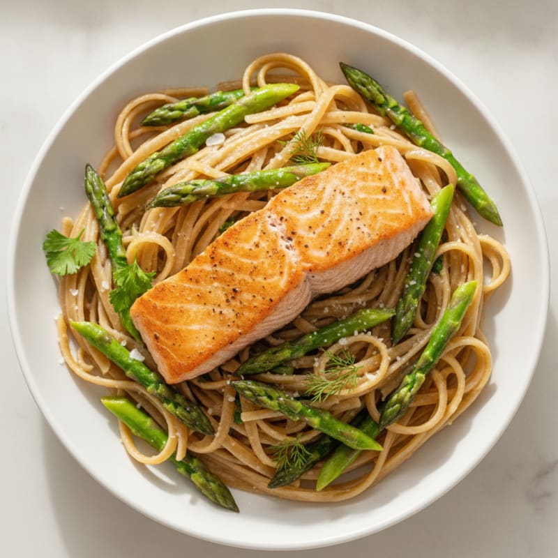 Garlic-Herb Salmon Linguine with Asparagus