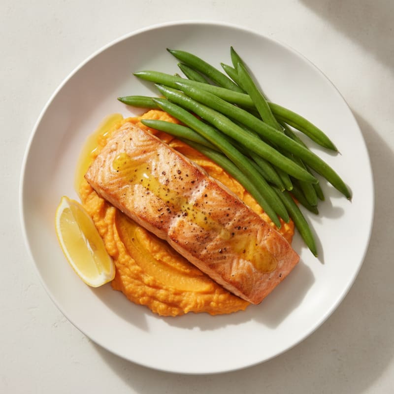 Seared Salmon Fillet with Steamed Green Beans and Sweet Potato Mash