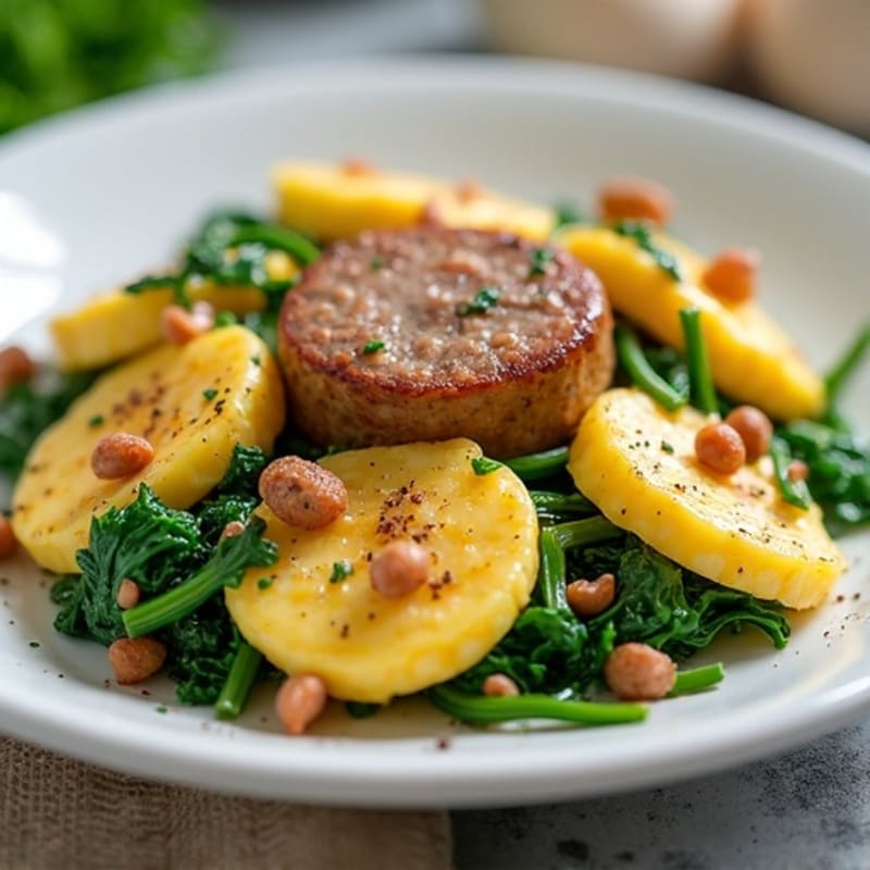 Egg White and Turkey Sausage Scramble with Sautéed Spinach