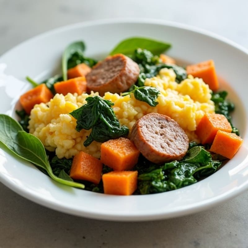 Egg White and Turkey Sausage Scramble with Spinach and Sweet Potato
