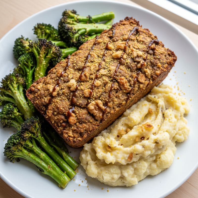 Lentil and Walnut Loaf with Roasted Broccoli and Garlic Mashed Cauliflower