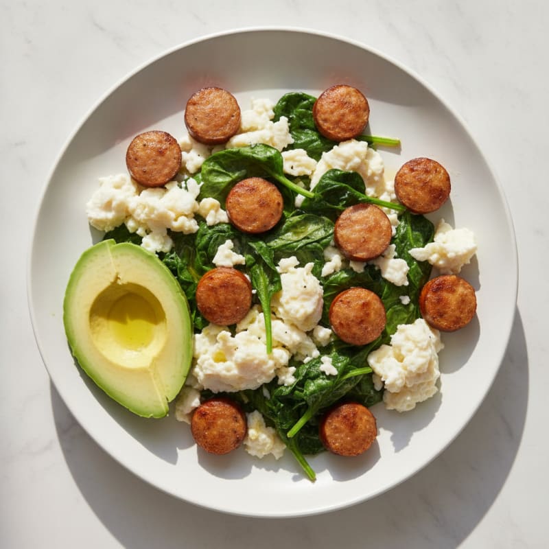Scrambled Egg Whites with Turkey Sausage and Sautéed Spinach