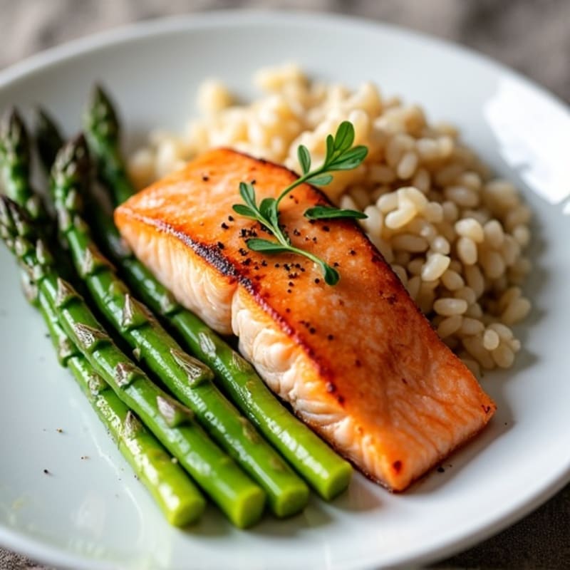 Seared Salmon with Steamed Asparagus and Brown Rice